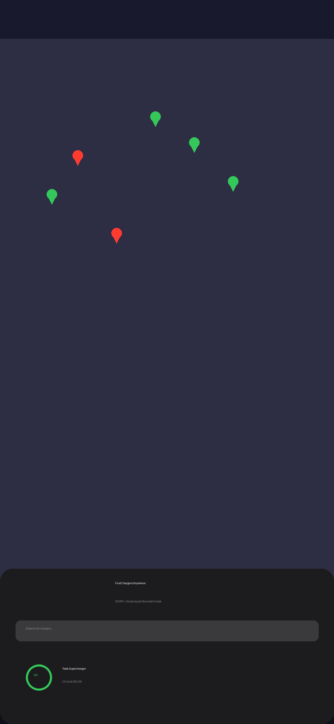 Charge&Chill map view showing charging stations across Europe